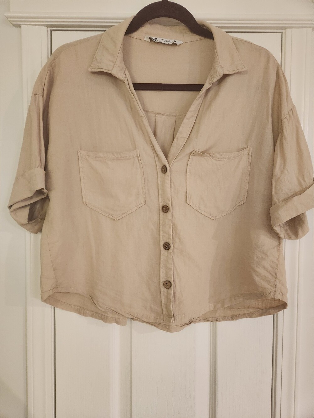 Zara Beige Button-Down Crop Shirt